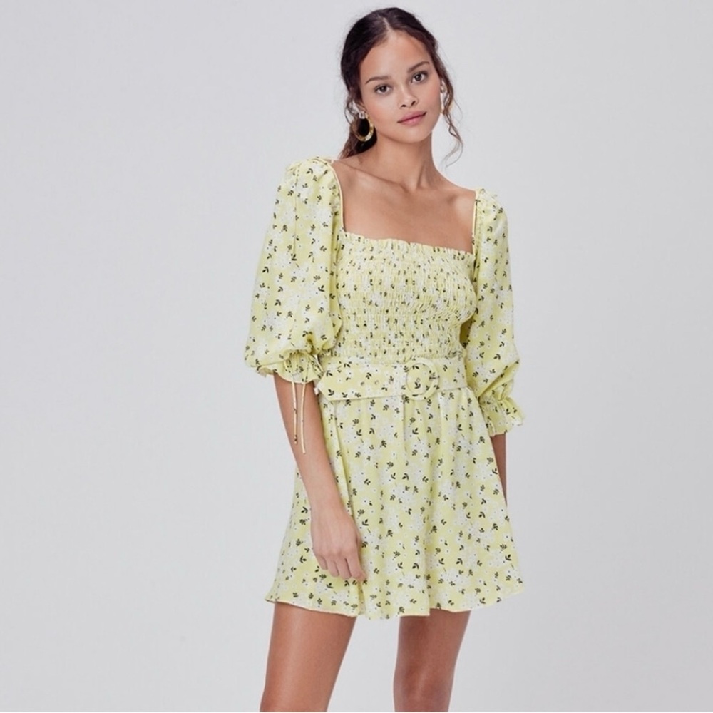 For Love and Lemons Floral Puff Sleeve Dress in Yellow
